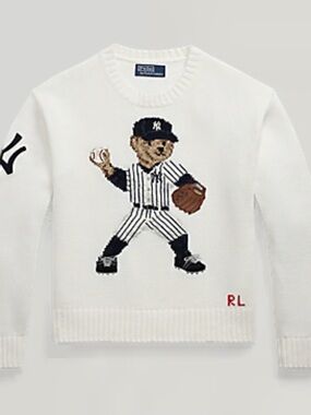 Ralph Lauren White Polo Bear Yankees Baseball Crewneck Sweater